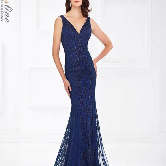 Mon Cheri Montage 118975 Evening Dress Gown Formal Navy Long Size 4 MSRP $650 - Picture 2 of 2